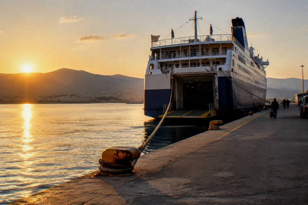 A ferry at a quay in Souda bay near Chania in early morning