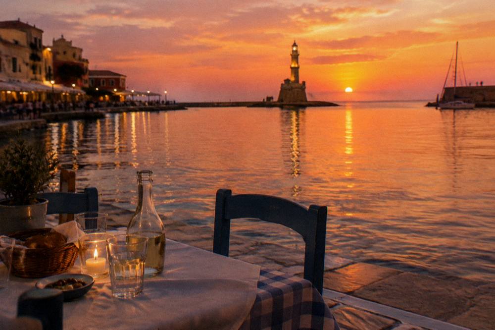 A taverna table beside the sea at dusk with lights on the water