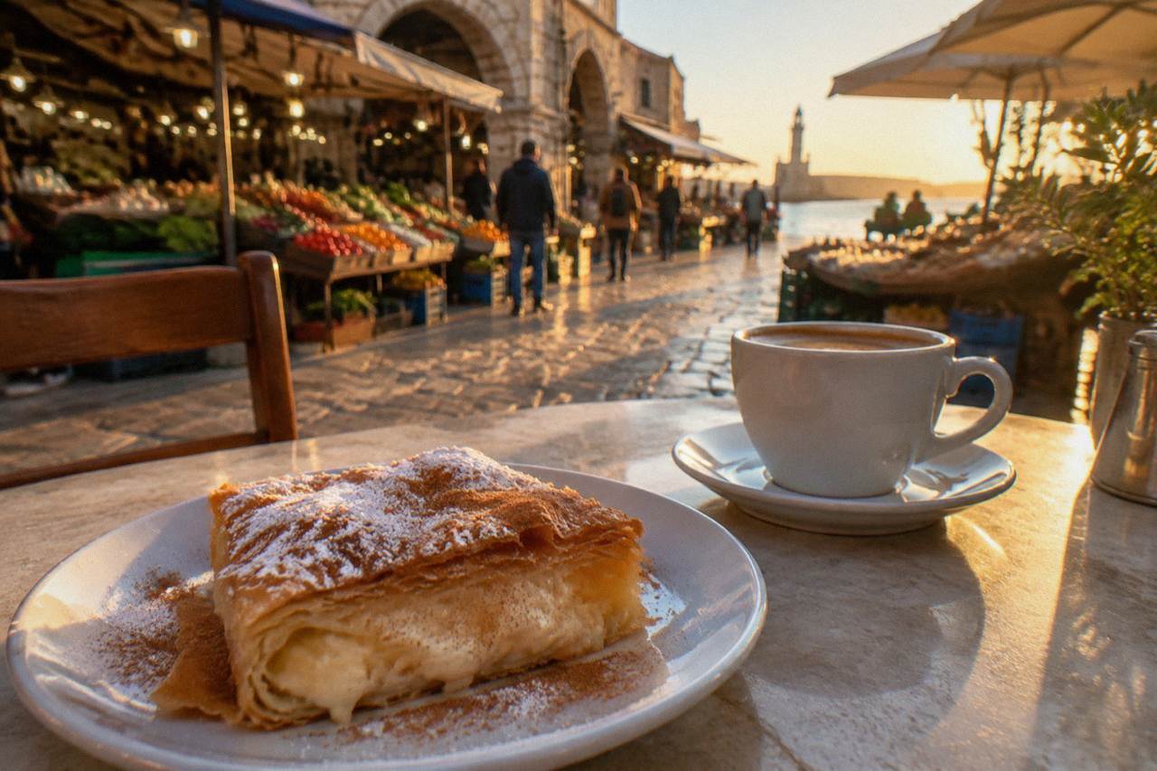 A slice of golden bougatsa pastry dusted with sugar and cinnamon on a small plate beside a coffee cup