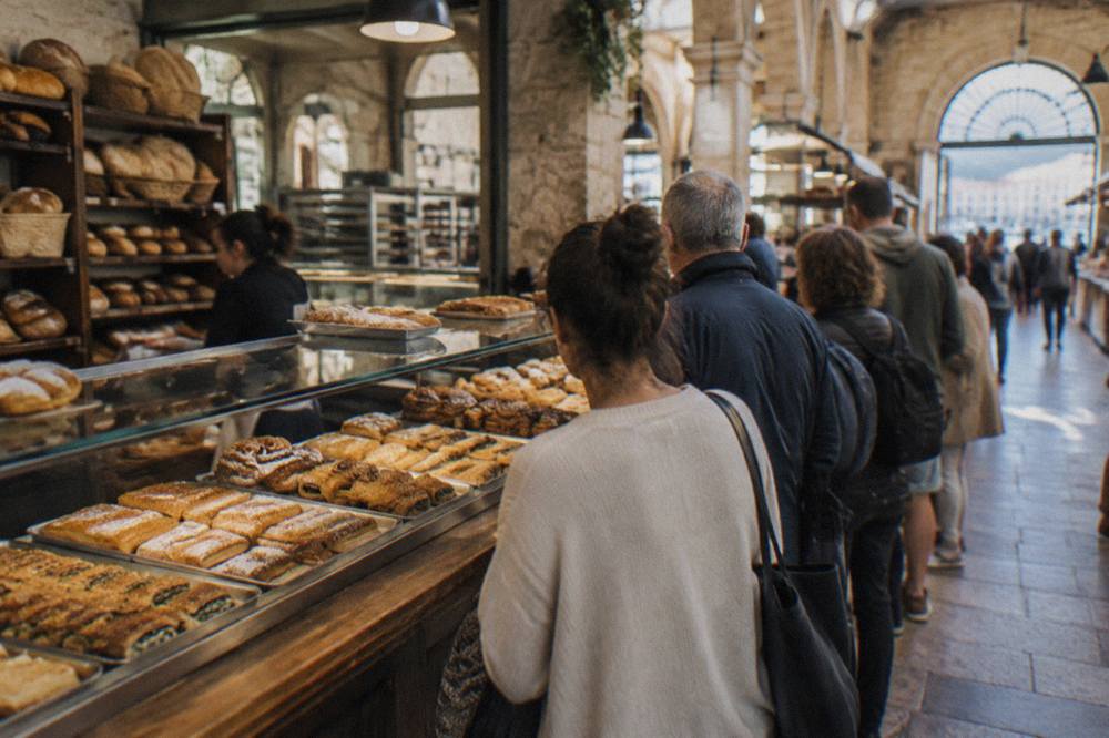 A busy Chania bakery counter in the morning with trays of baked pastries and a queue of customers