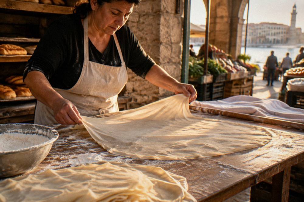 Baker shaping thin filo sheets by hand on a floured wooden table in a small Chania bakery