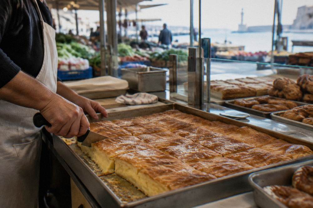 Counter of a small Chania bakery with a tray of custard bougatsa being cut into squares