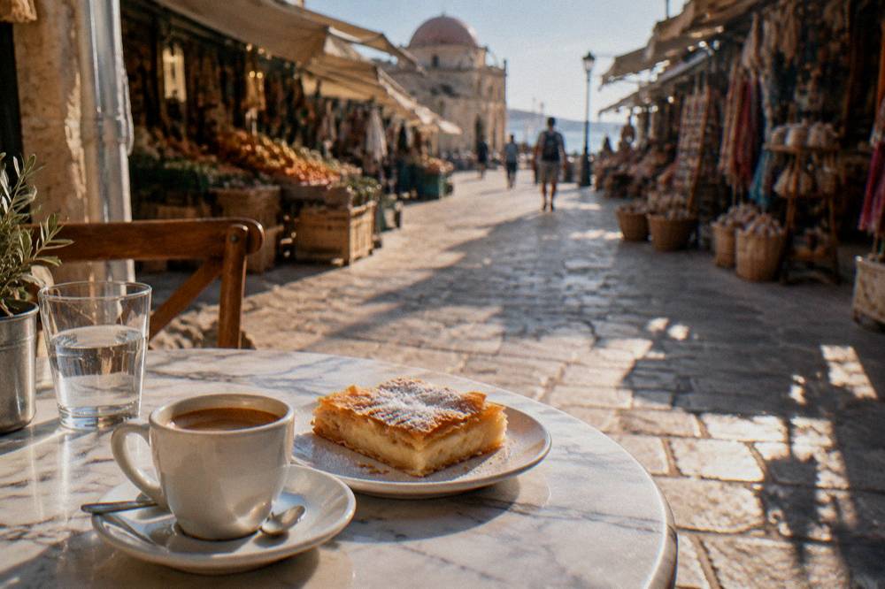 Morning coffee and a slice of bougatsa on a marble cafe table in a sunlit Chania lane