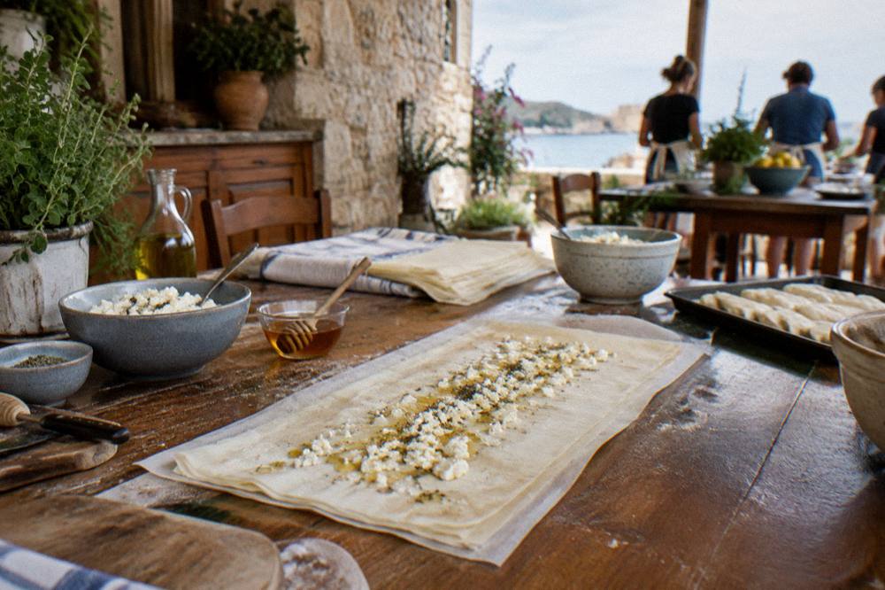 Cooking class table in a Cretan village kitchen with filo pastry, bowls of cheese and honey