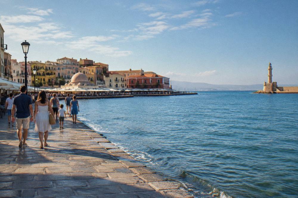 Families and couples strolling the Chania Venetian Harbour waterfront in late afternoon light