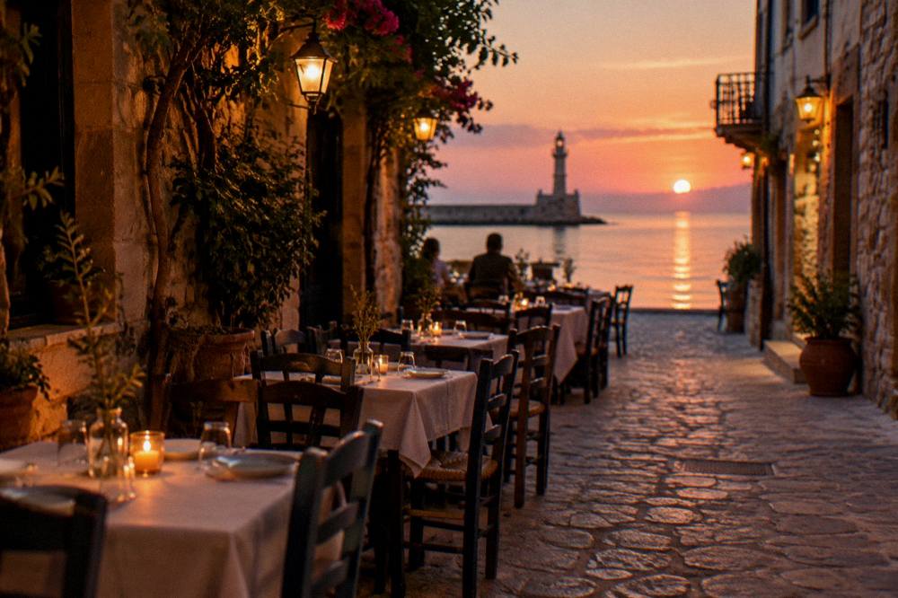 Evening tables set outside a taverna in a narrow lit stone lane of Chania Old Town