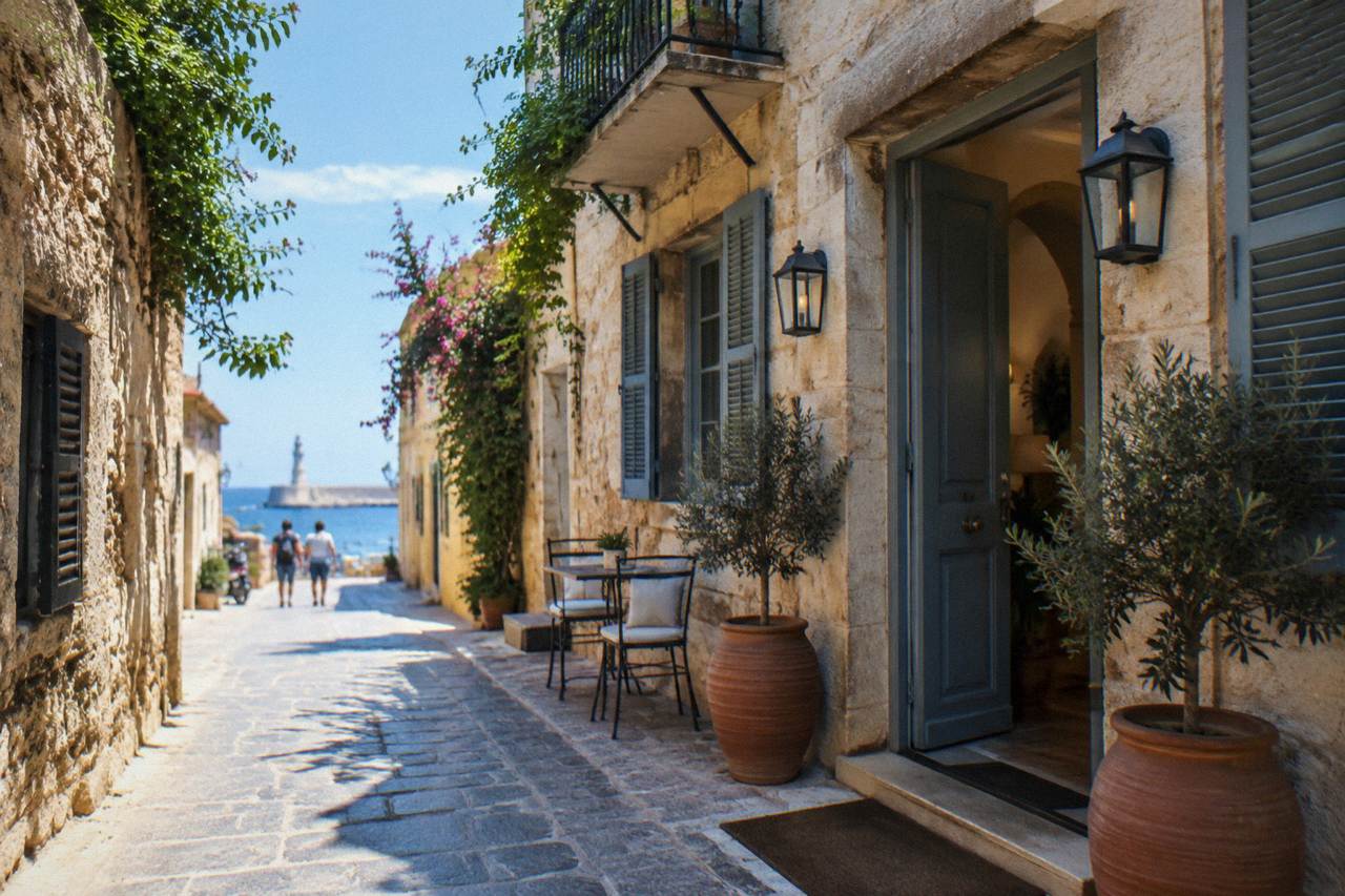A narrow stone street in Chania Old Town with a small hotel entrance and shutters