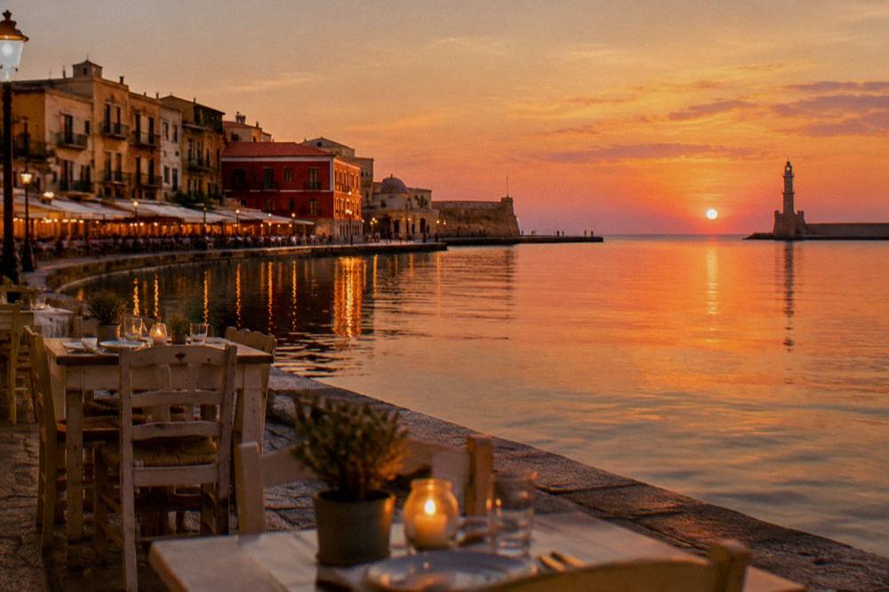 Evening light on the harbour buildings and outdoor tables of a small restaurant