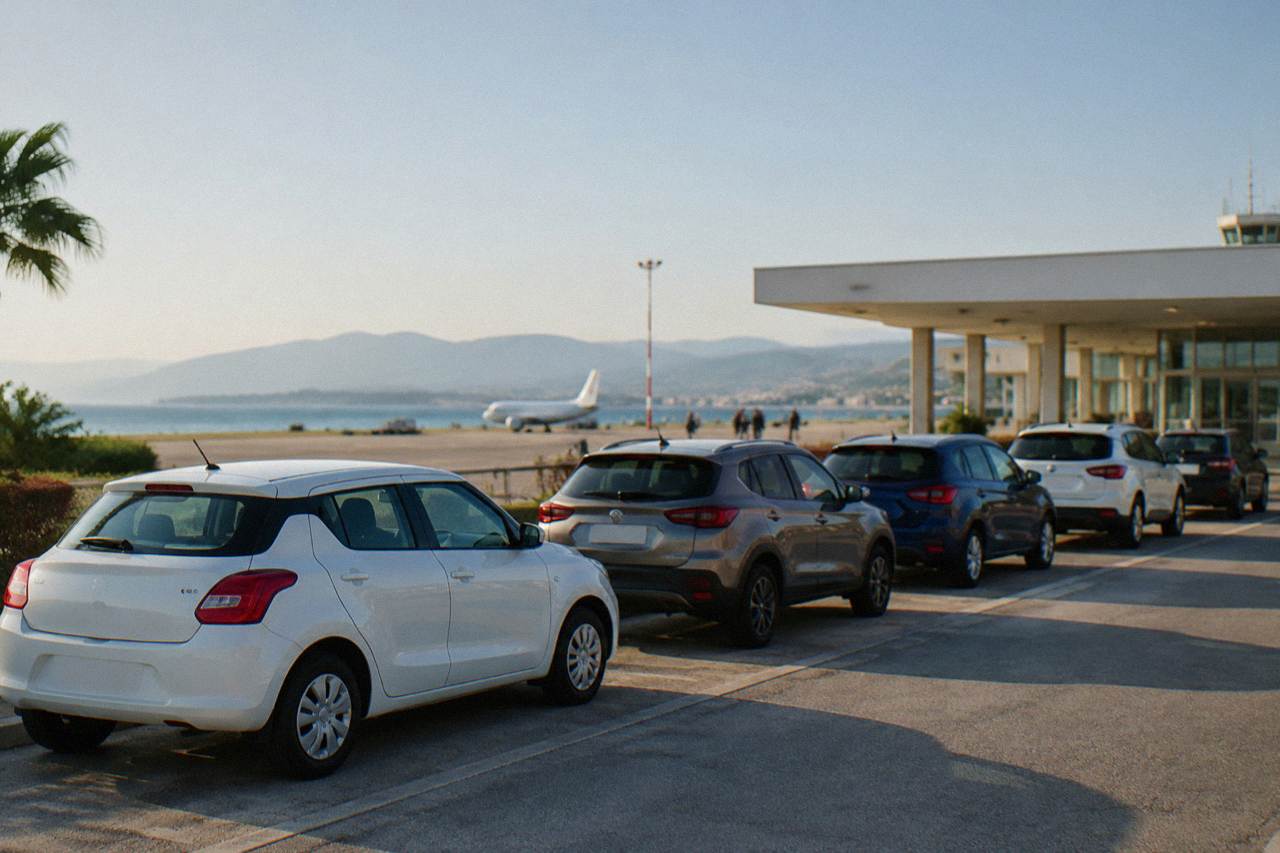 Rental cars parked in a row outside a small airport terminal under a clear sky