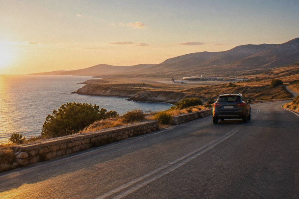 A hire car on an empty coastal road with dry hills above the sea