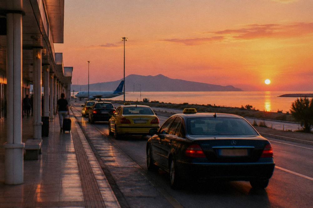 A departure forecourt at a small Greek island airport with taxis waiting in the evening light