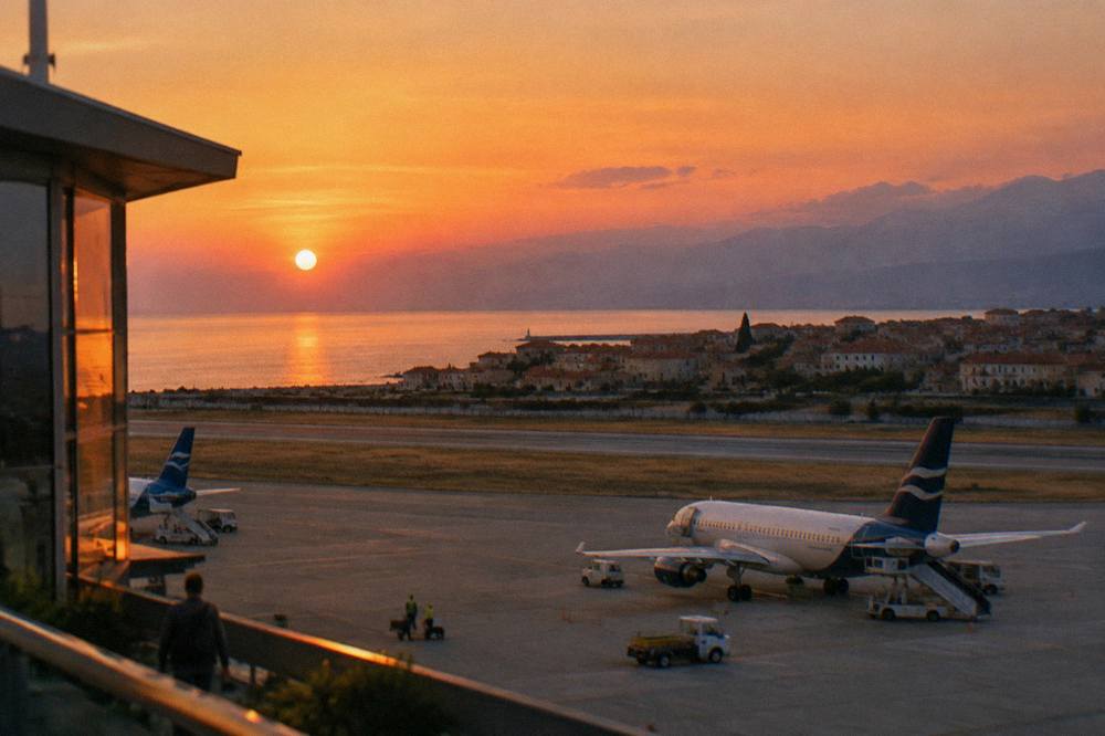 Evening light over tiled rooftops of Chania with the White Mountains faint in the distance