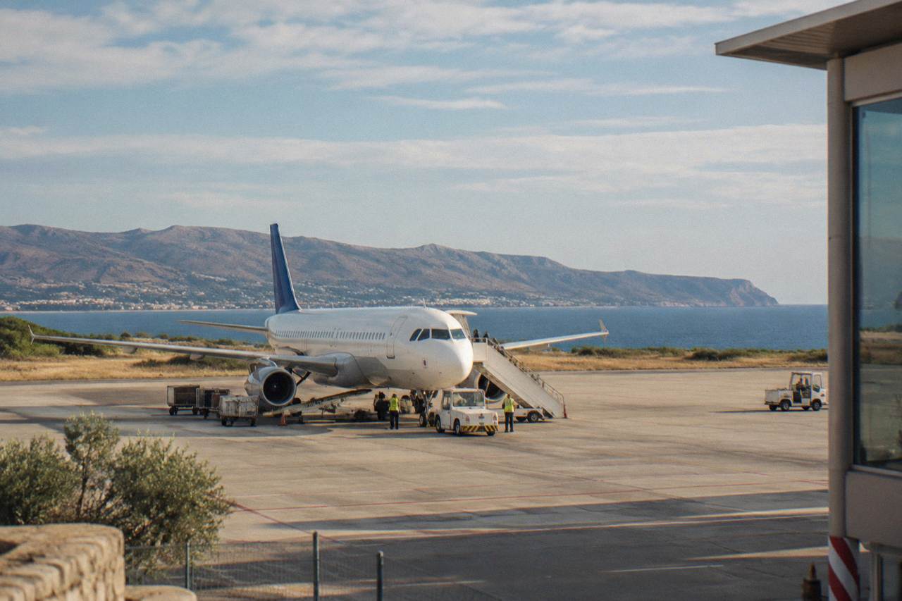 Airliner on the apron of Chania Airport with dry hills and the sea in the background