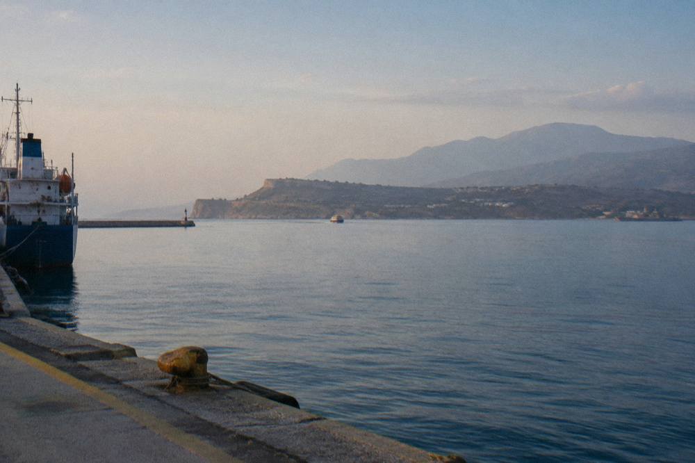 View across Souda Bay toward the Akrotiri peninsula on the approach to Chania