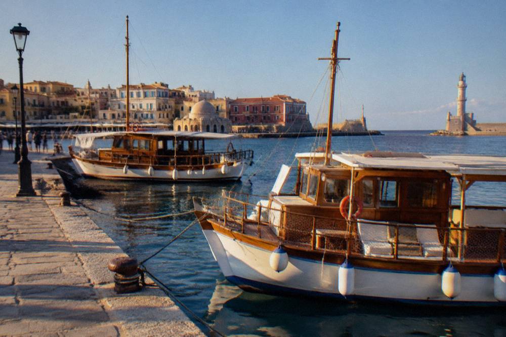 Wooden excursion boats tied up along the quay of the Venetian Harbour in Chania