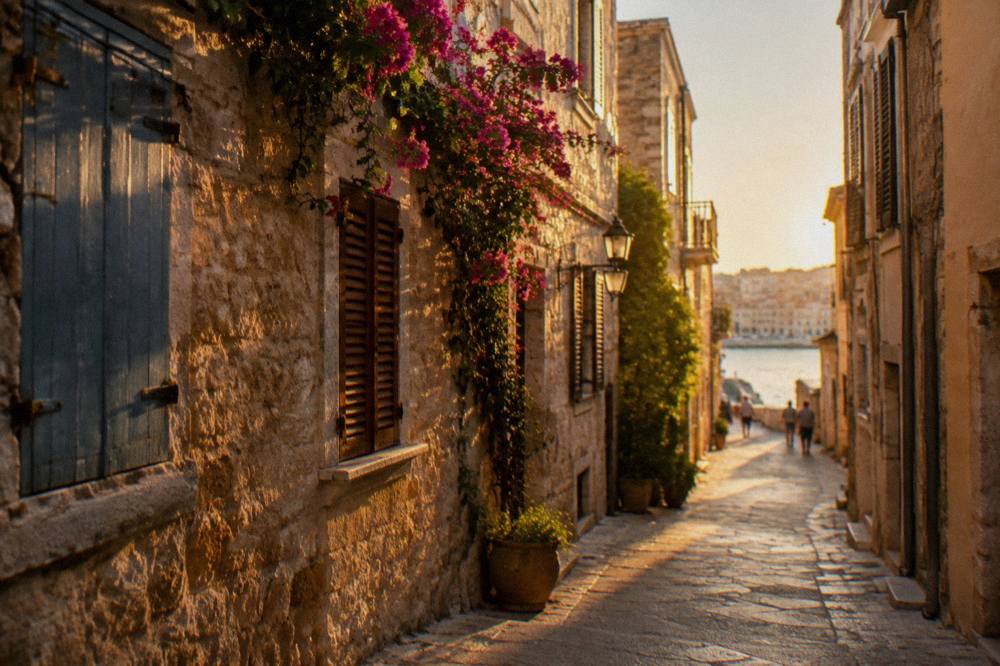 A narrow street in the Old Town of Chania lined with stone buildings and shuttered windows