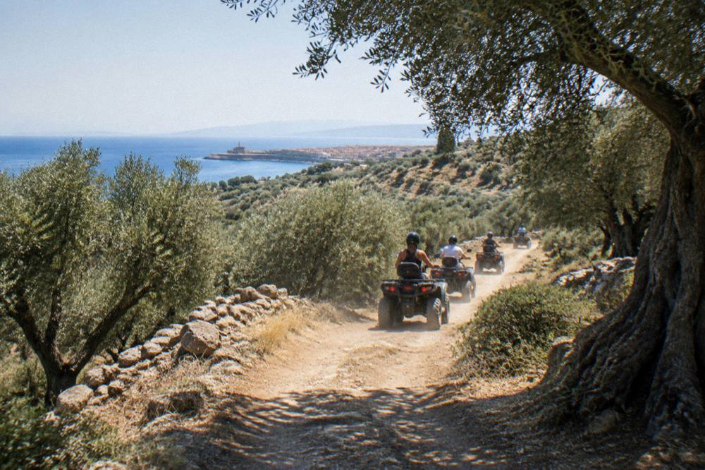 A line of quad bikes travelling on a dusty track through olive groves and low hills