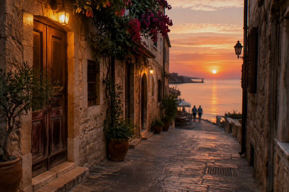 A stone alley in Chania Old Town at dusk with warm light on old doorways