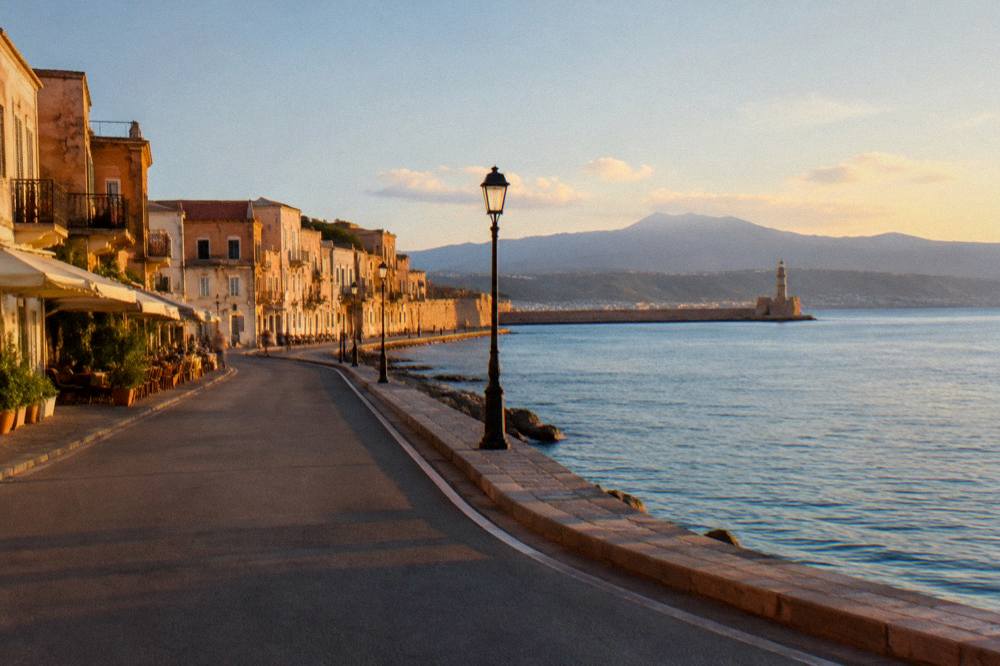 A coastal road curving along a shoreline with calm blue water and distant hills at golden hour