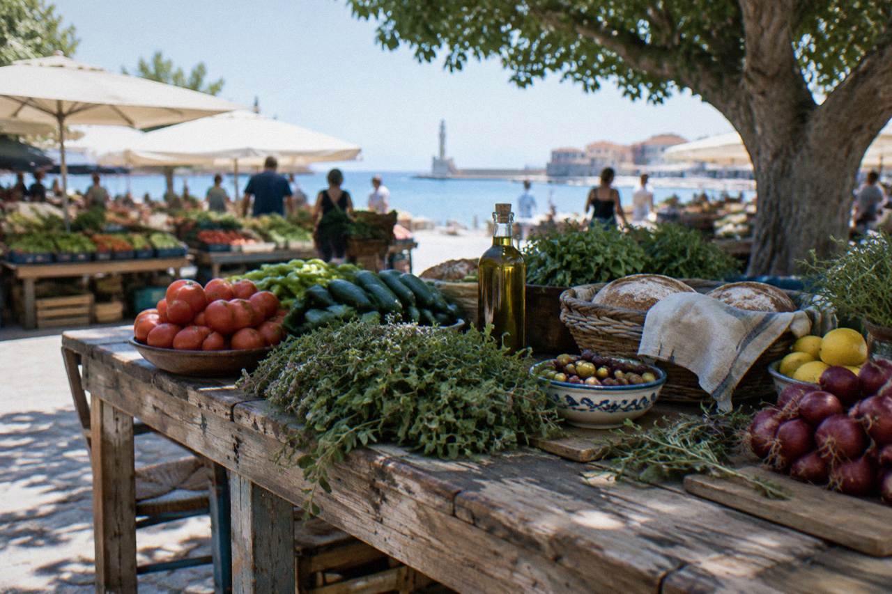 A rustic kitchen table in Crete covered with fresh vegetables, olive oil, herbs and bread