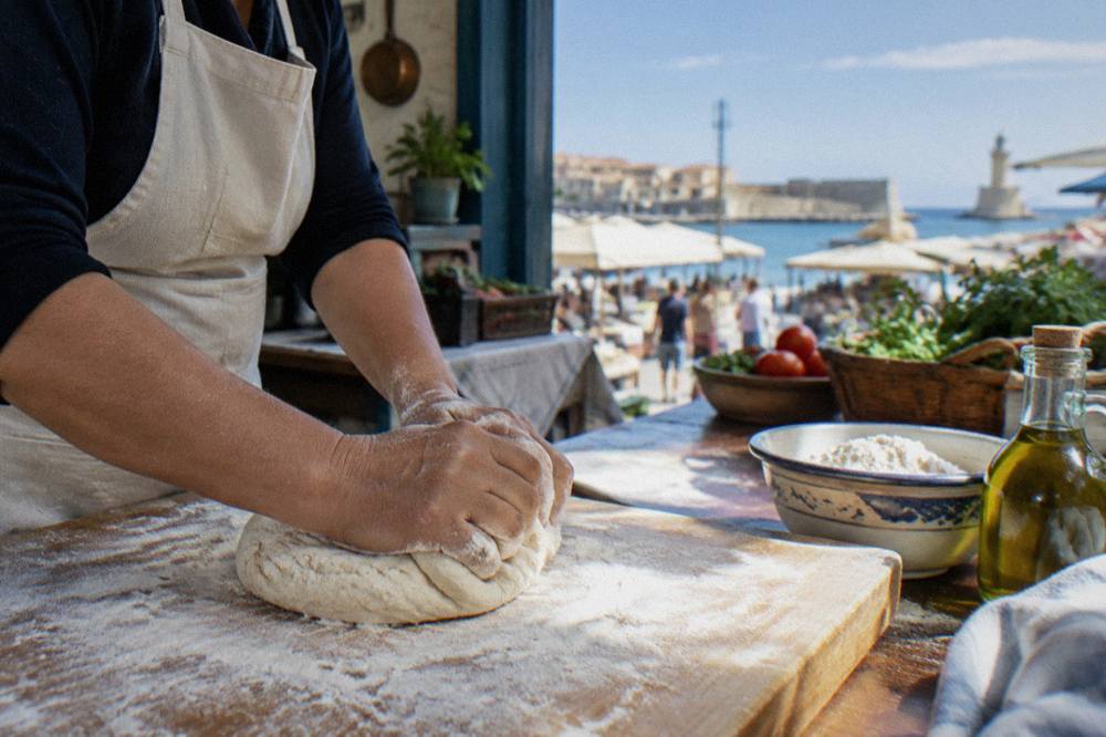 Hands kneading dough on a floured wooden board in a Cretan kitchen