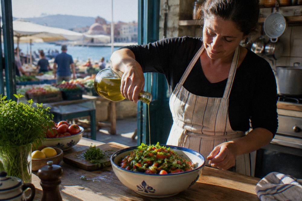A cook ladling olive oil over a salad of tomatoes and greens in a village kitchen