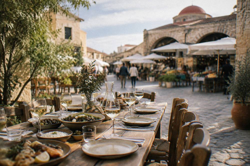 A long wooden table set for a shared meal with wine glasses and serving dishes in a village courtyard