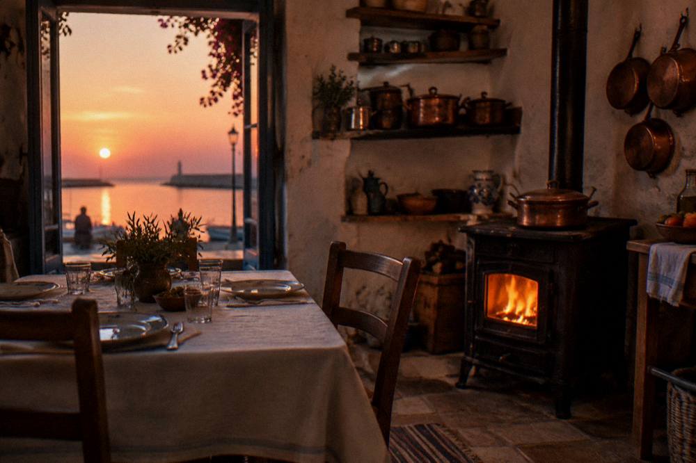 A village kitchen at dusk with a wood stove, copper pans and a table being laid