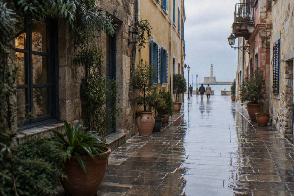 Rain-wet stone paving in a narrow Chania street with reflected window light