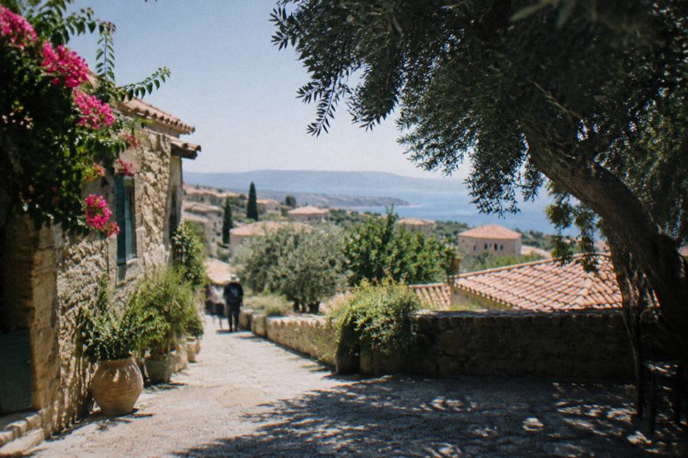 A stone village in the hills above Chania with tiled roofs and olive groves