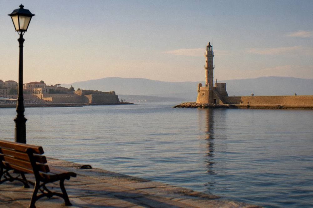 Chania lighthouse and harbour mole seen across calm water in late afternoon light