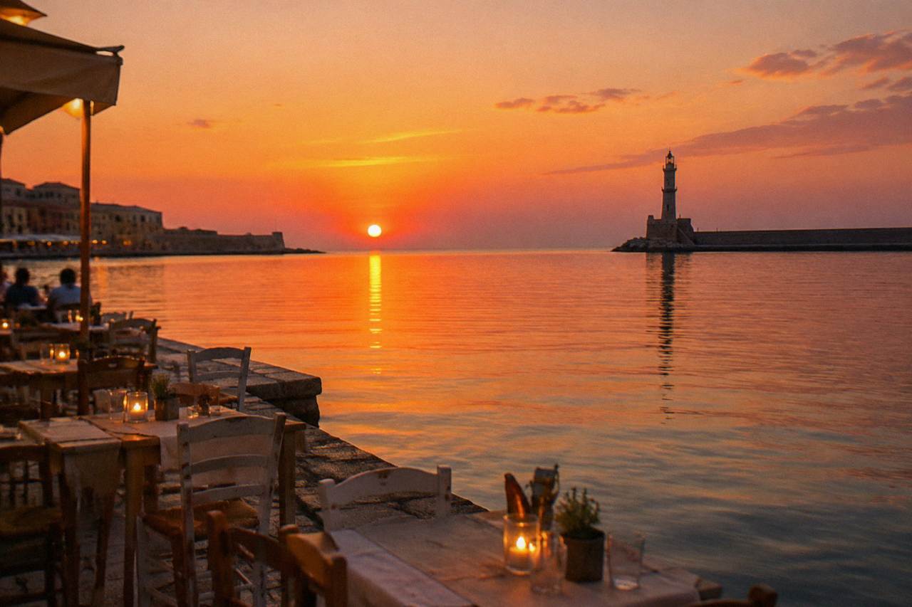 Harbourfront tables lit at dusk with the lighthouse visible at the end of the mole in Chania