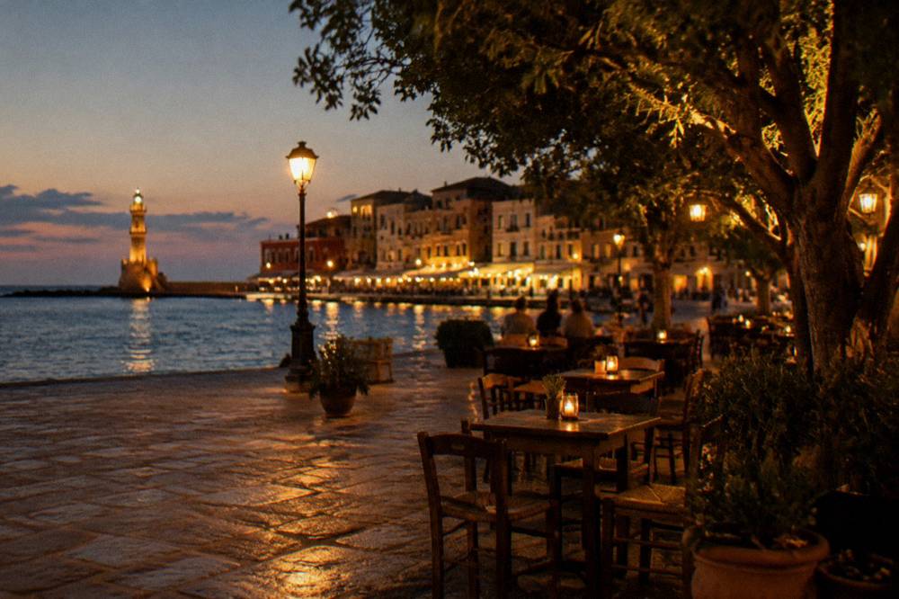 A stone square at night in the Old Town of Chania with cafe tables under trees