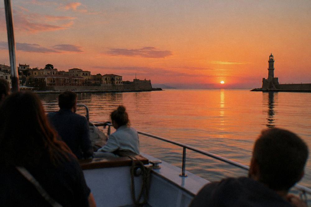 People on the deck of a small boat in Chania harbour at dusk