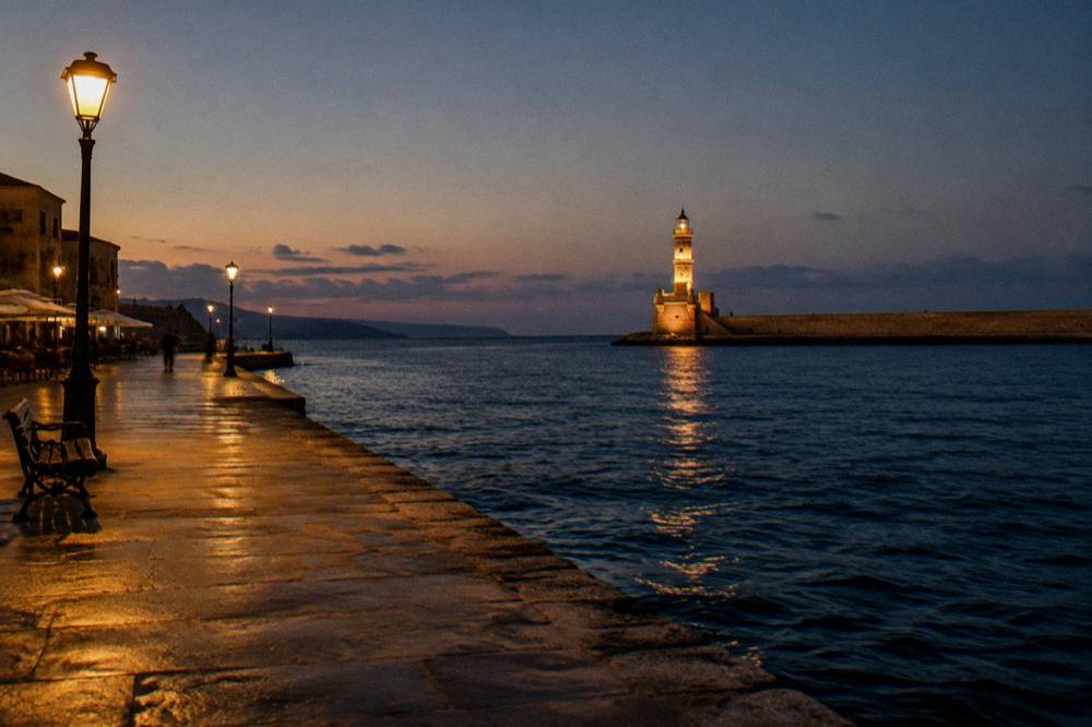 An empty harbour promenade late at night with the lit lighthouse in the distance in Chania