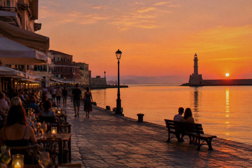 Warm evening light on the seafront of Chania with people walking and sitting outside