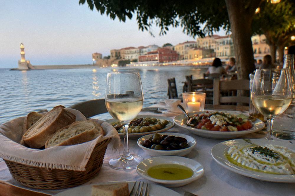 A taverna table at night with bread, wine and small plates in Chania