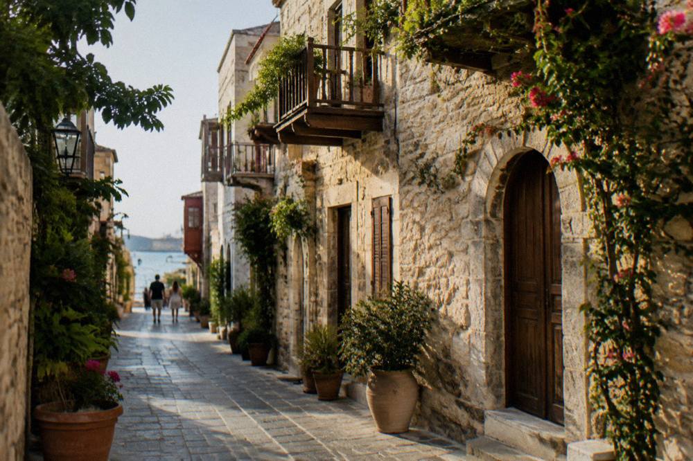 A narrow Old Town lane in Chania with stone walls, wooden balconies and plants in pots