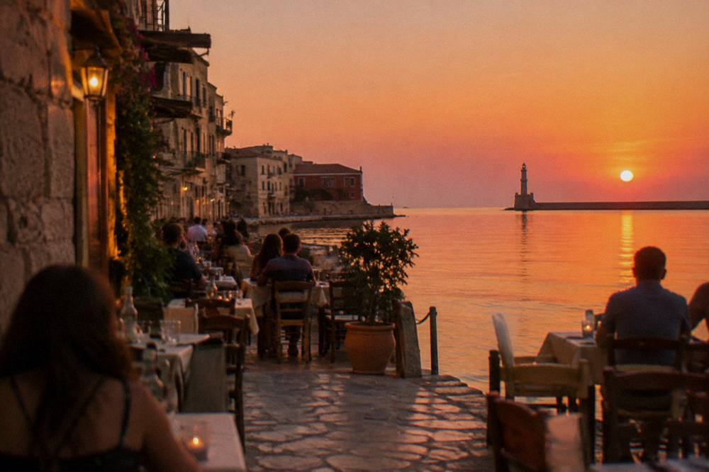 Diners at simple tables on a narrow stone street in Chania in the early evening