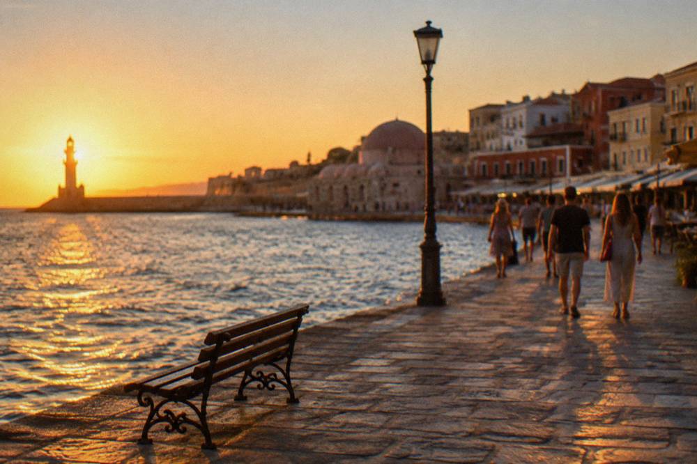 People walking along the Venetian Harbour front in Chania at golden hour