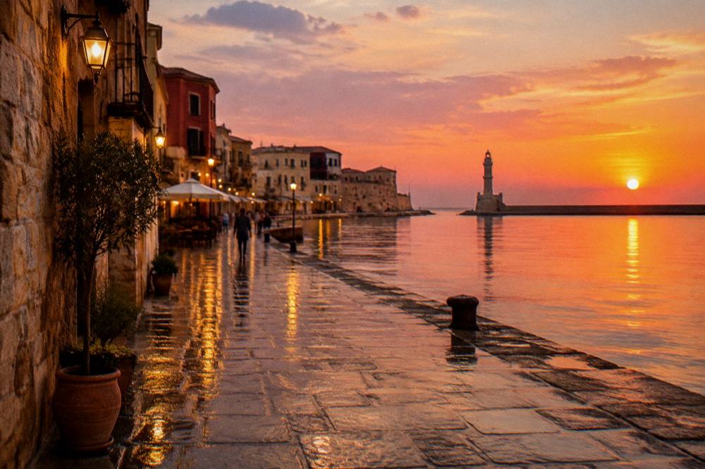 Rain-wetted stone pavement in a Chania old street reflecting evening lights