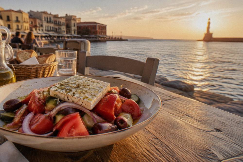 A plate of Cretan salad with tomatoes, cheese and olive oil on a rustic table