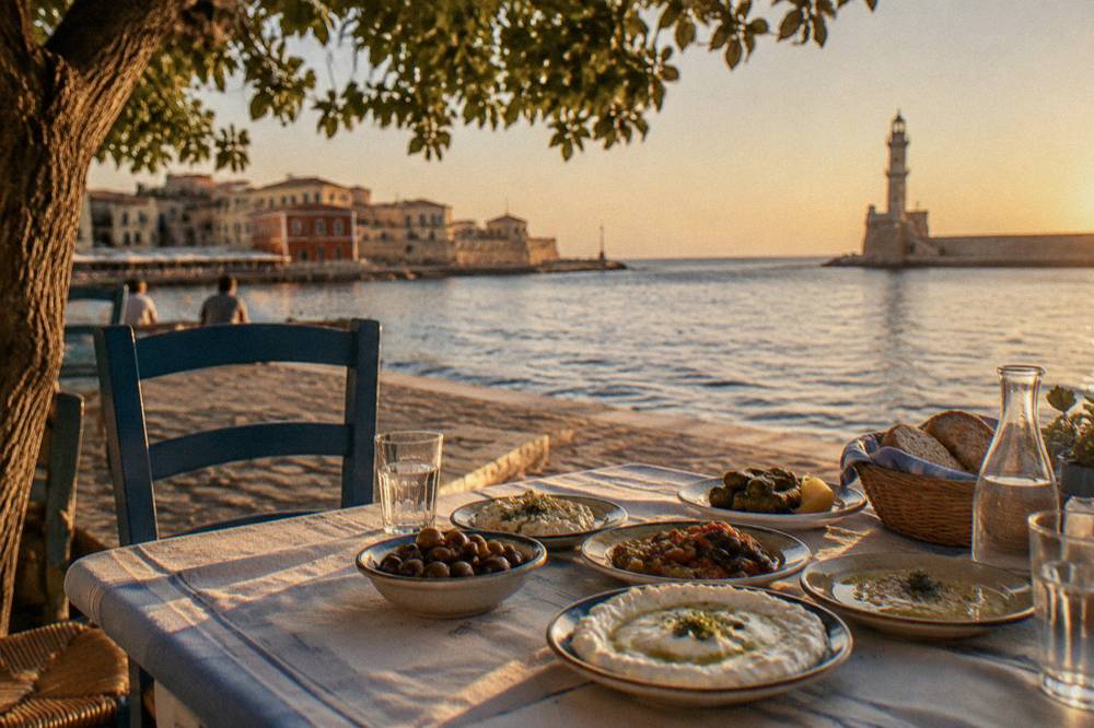 A taverna table with small plates of meze and bread under a tree