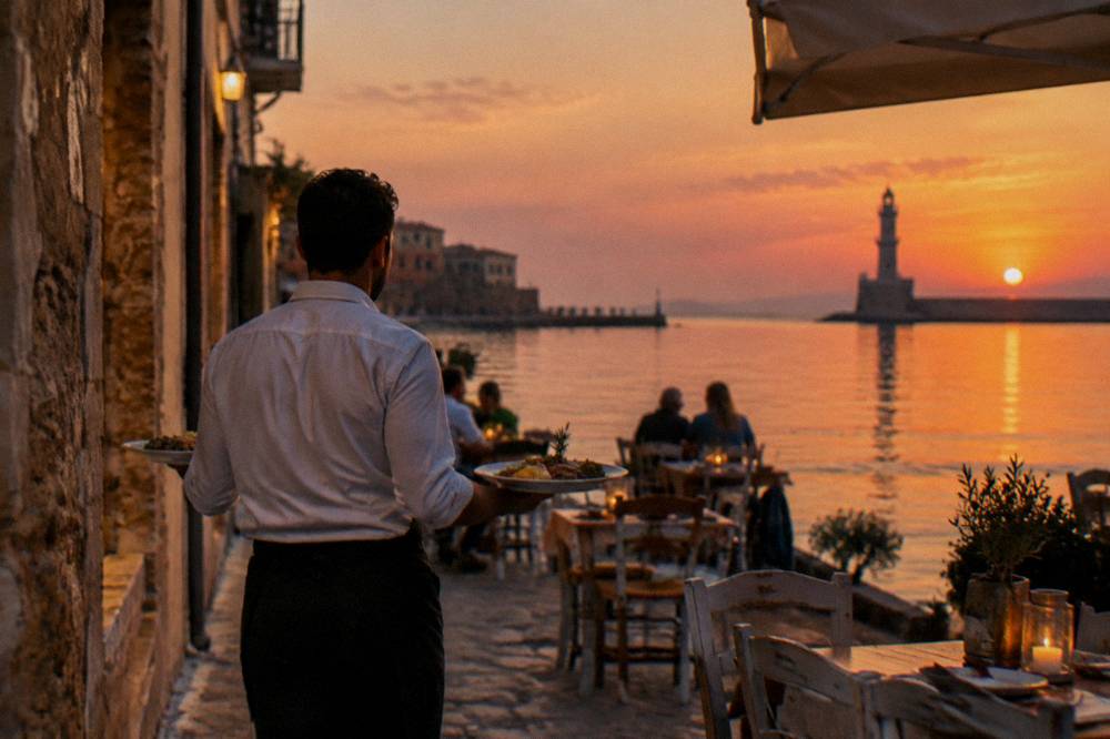 A waiter carrying plates to a table in a narrow lane at evening