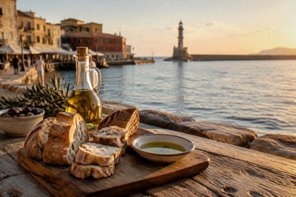 Olive oil and bread served for tasting on a rustic counter