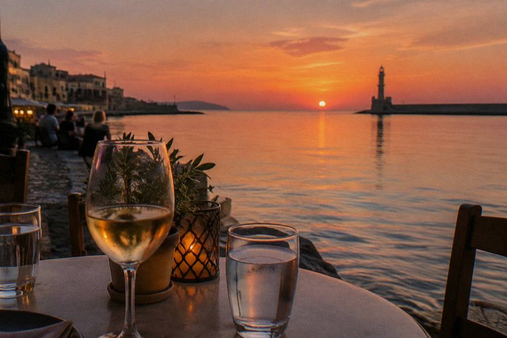 An outdoor table with wine and water glasses at dusk near the harbour