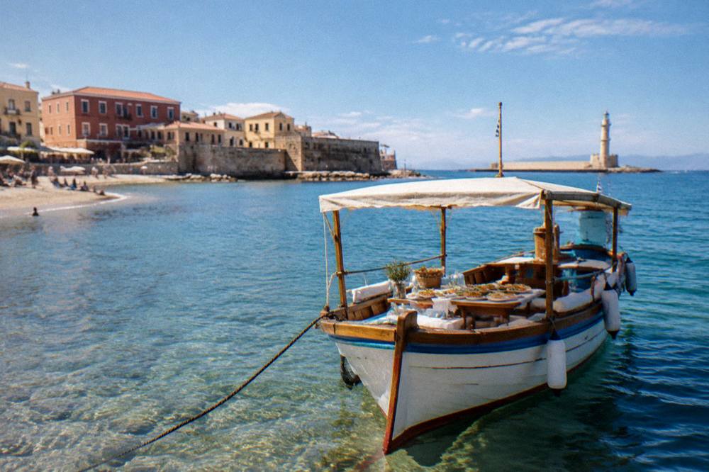 A boat anchored in clear shallow water near a beach with food served on deck