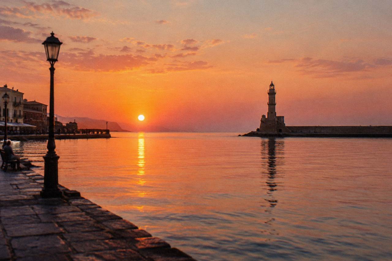 The Venetian Harbour of Chania with its lighthouse at calm sunset