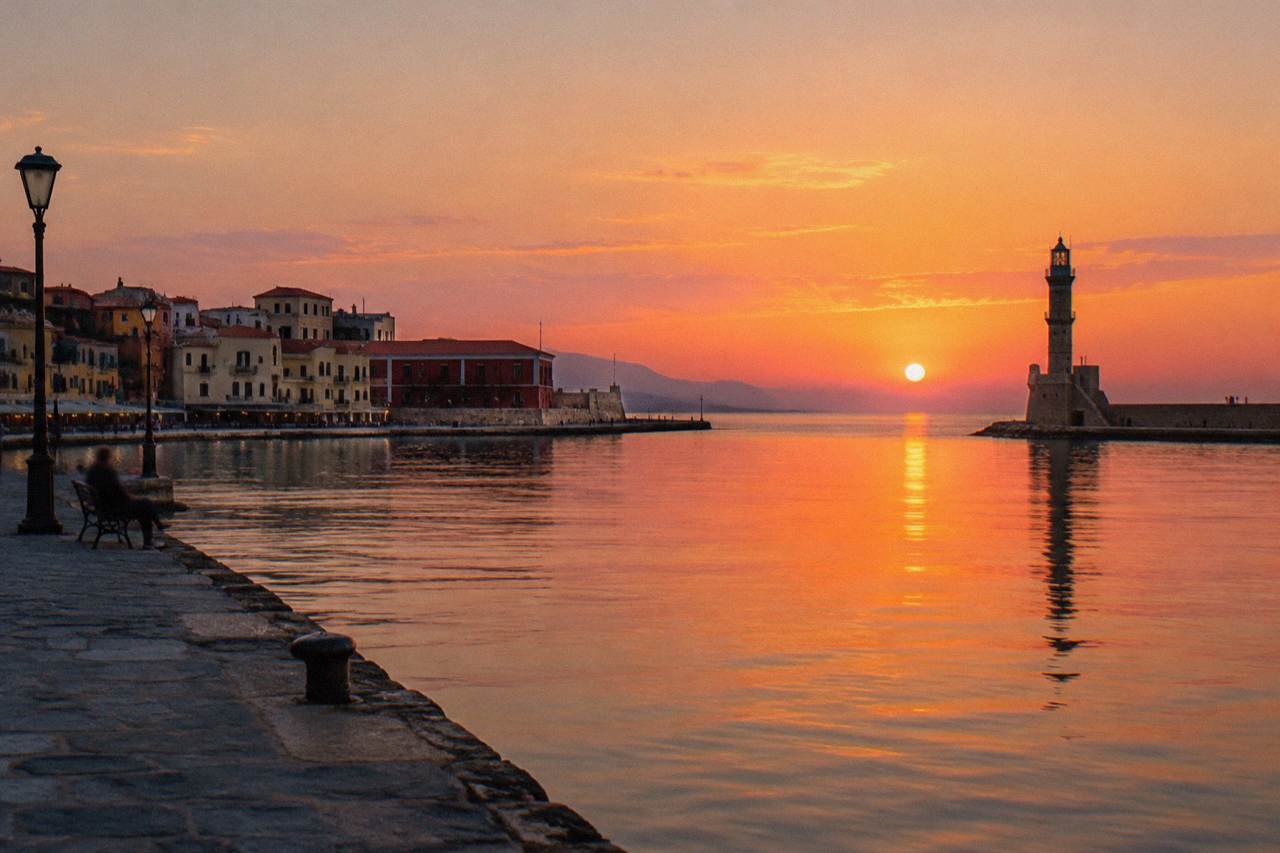 The Venetian Harbour of Chania with its lighthouse and waterfront buildings in evening light