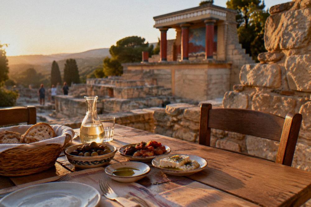 A taverna table set with bread, olives and small dishes beside a stone wall